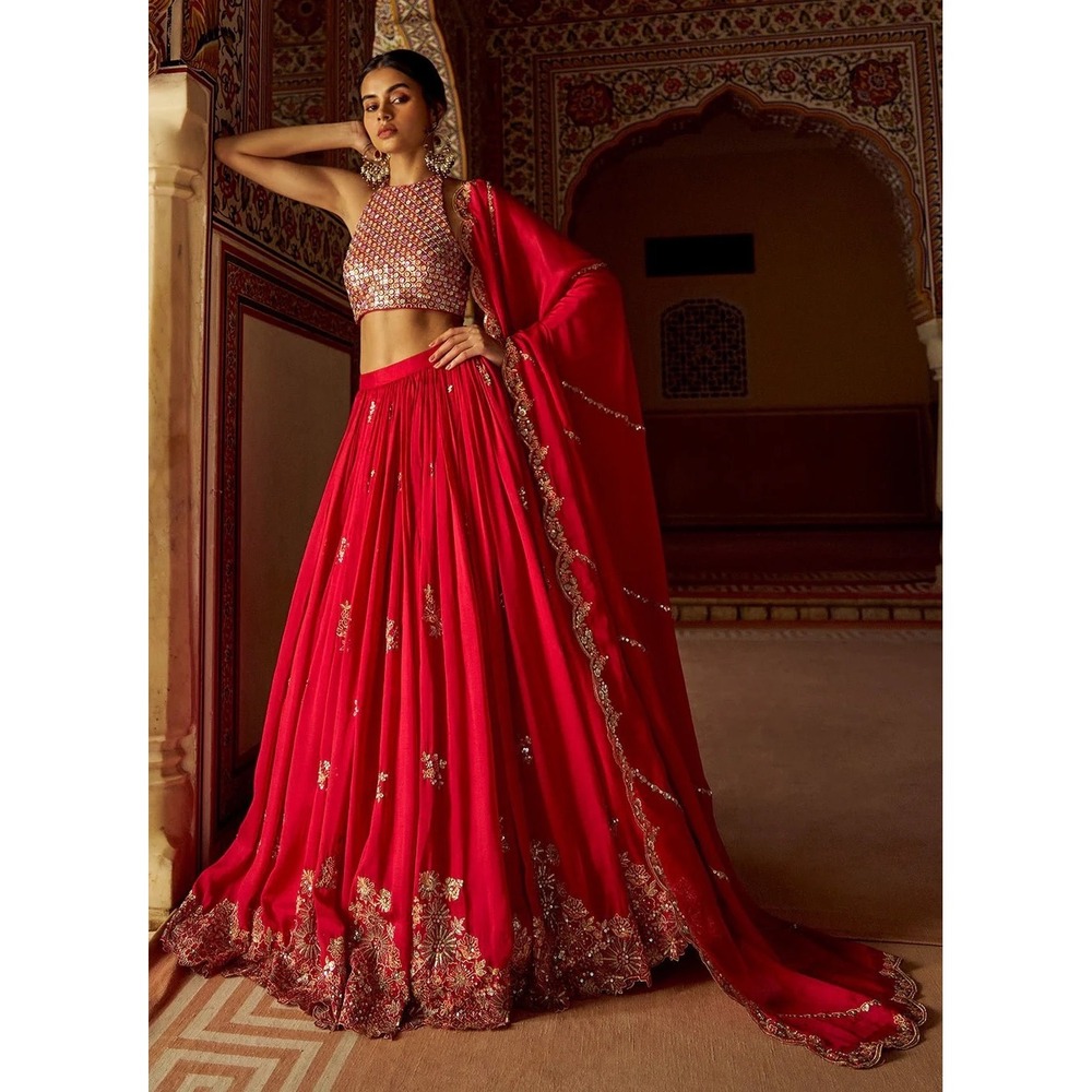 Lashkaraa Red Embroidered Silk Lehenga Set Mirror Work Zari XL NWT
